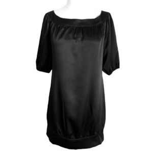WHBM Black Satin Boat-Neck Short-Sleeve Tunic Top-‎ White House Black Market- XS